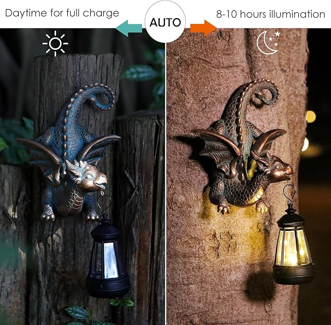 Garden Dragon Statue with Solar Light Outdoor Garden Decor for Outside Porch Patio Wall Tree Fence, Whimsical Yard Art Tree Hugger Decorations Figurine, Housewarming Gifts for Women Men Dragon Lovers