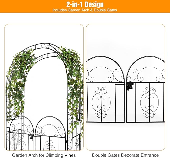84in High Metal Garden Arbor with Gate, Heavy Duty Wide Garden Arch, Metal Arch Trellis with Gate for Climbing Plant, Wedding, Outdoor Patio Décor, Black(84"x52.4"x19")