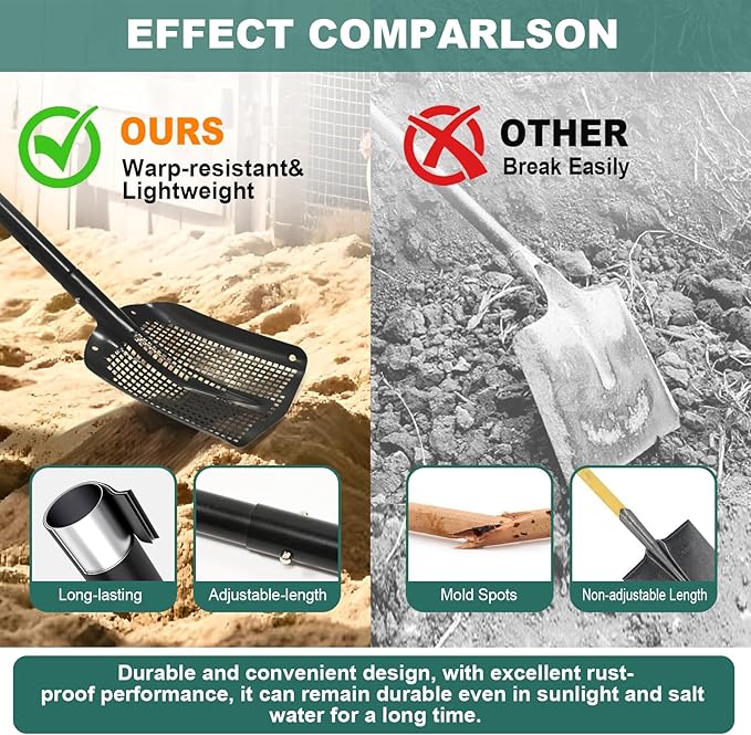 VYNTRA 47.7" Metal Sifting Shovel, Adjustable Sand Sifter for Chicken Coop, Farm Goat Stall & Garden, Beach-Heavy Duty Durable Mesh Screen for Poop Cleaning Durable Sifter Shovel Ergonomic Grip Black