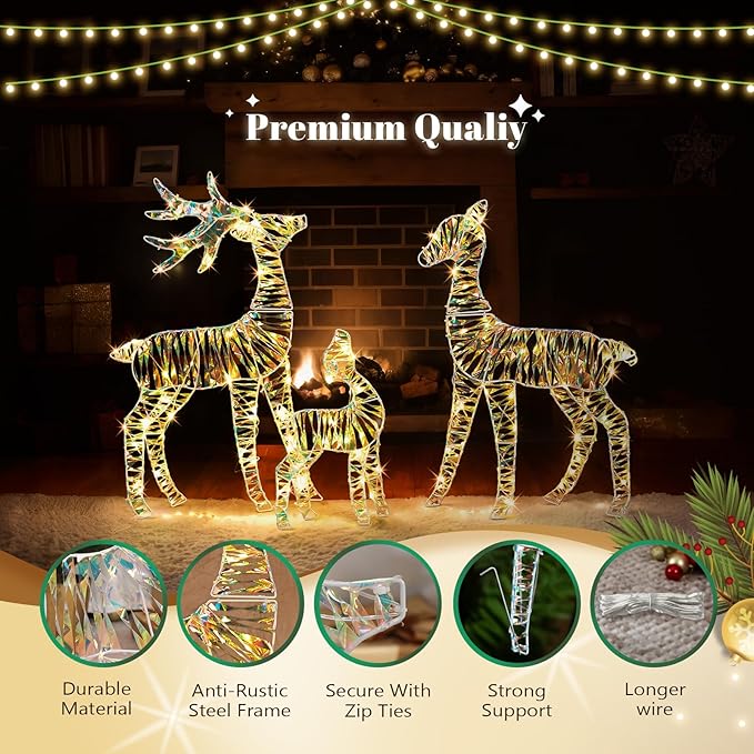 VINGLI 3-Piece Lighted Iridescent Christmas Reindeer Family Set, 3FT Buck Doe Fawn Outdoor Yard Decorations, Pre-lit 110 Warm White LED Lights, Weatherproof Xmas Lawn Garden Home Decor