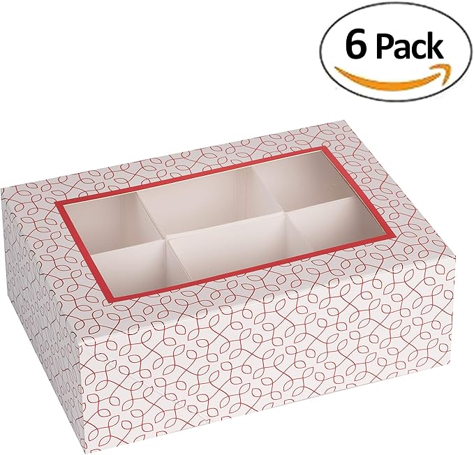 Hammont Window Box with Six Sections - 6 Pack - 7”x5”x2.5” - Red Colored Versatile Bakery Boxes Perfect for Sharing Snacks and Cookies | 6 Insert Sections Gift Boxes