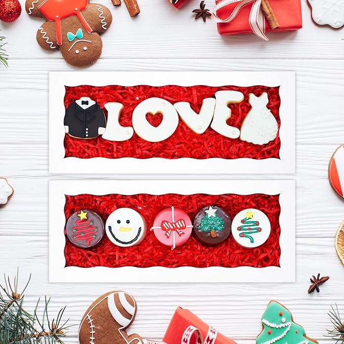50pcs Cookie Boxes with window 12 x 5 x 1.5 Inch Bakery Boxes Treat Box Dessert Box for Wedding Party Favors - White