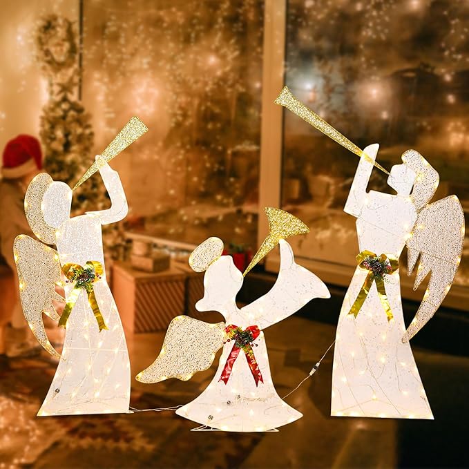 Taman Lighted Christmas Angel, Glittered 3 Angels Blowing The Trumpet Lighted LED Warm Lights for Outdoor Christmas Holiday Home Lawn Yard Garden Decoration