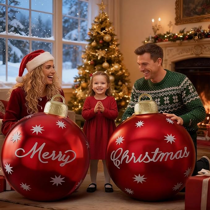 24 Inch Christmas Inflatable Balls, 2 Pcs Outdoor Decorative PVC Ball, Xmas Blow Up Jumbo Ball for Indoor, Giant Ornaments Outside Holiday Yard Lawn Decor (Merry Christmas)