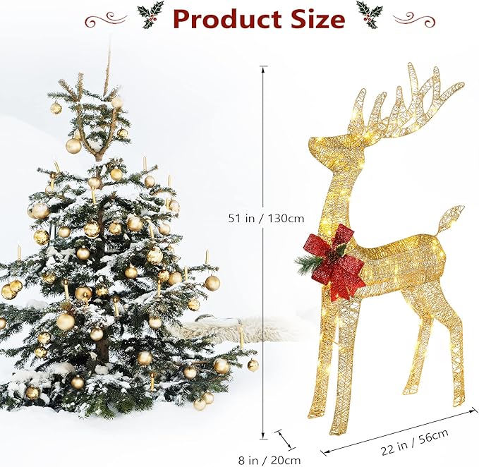 VINGLI Lighted Christmas Reindeer Outdoor Decorations, 4 FT Gold Reindeer with Santa’s Sleigh, Pre-lit 90 LED Lights, Weatherproof Christmas Yard Lawn Porch Decor with Stakes & Zip Ties