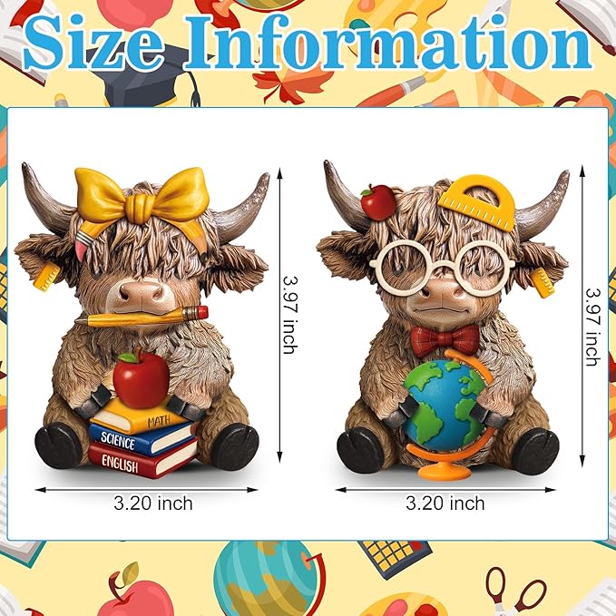 Karenhi 2 Pcs Highland Cow Figurines Back to School Classroom Highland Cow Gnomes Scottish Resin Statue Calf Lovers Gifts for Home Garden Kitchen Office Tiered Tray Table Decor