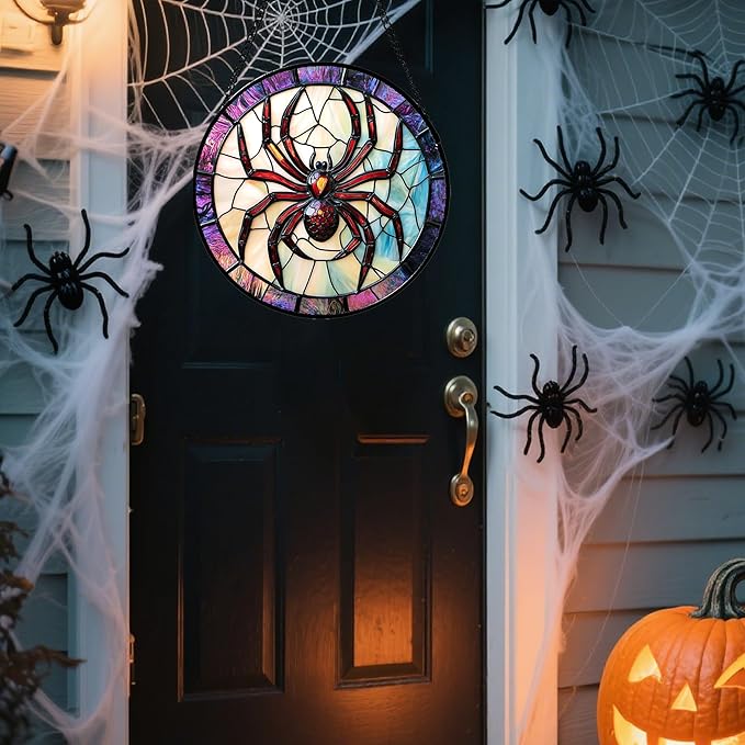 Stained Glass Window Hanging - Halloween Decorations Red Spider Goth Suncatcher for Doors Garden Indoor Funny Spooky Sun Catchers Gothic Decor Horror Gifts for Women Men Friend 15 in