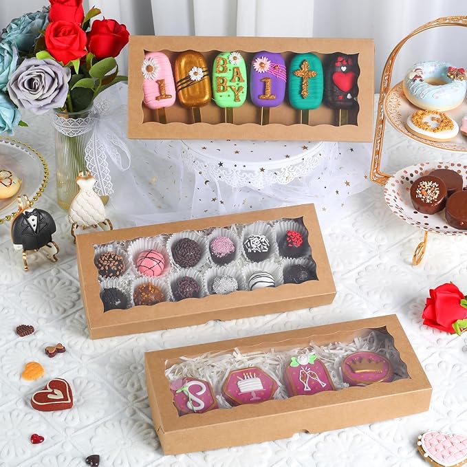 24pcs 12x5x1.5 Inch Borwn Cookies Boxes. with Window Bakery Boxes Macaron Boxes Chocolate Truffle Boxes Donut Treat Boxes Cakesickle Boxes for Christmas Valentine's Easter Mother's Day
