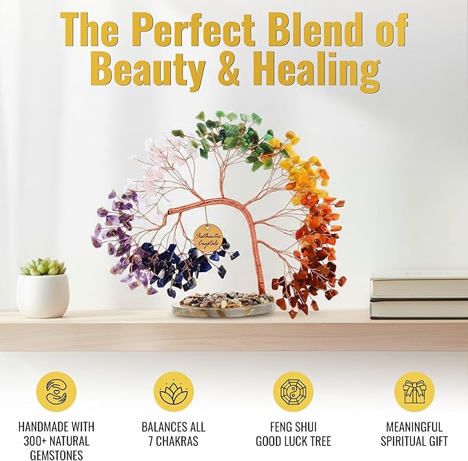 7 Chakra Crystal Tree of Life – Handmade Healing Gemstone Bonsai Trees for Home & Office Décor – Feng Shui Money Tree for Positive Energy, Good Luck & Spiritual for Women