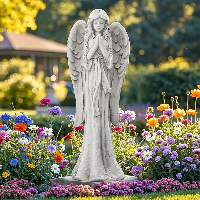 Praying Angel Statue for Outdoor Garden, 31 Inch Large Heavenly Memorial Sculpture,Durable MGO Stone Standing Angels for Yard, Patio or Cemetery Decor,Offering Comfort & Peace, Antique White
