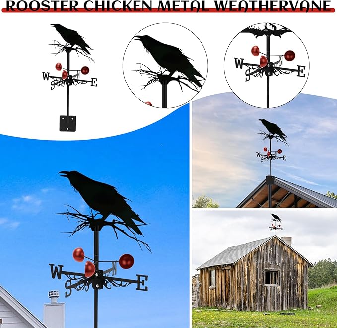 Weathervane Roof Mount, Rust-Resistant & Durable Metal Wind Direction Indicators, Decor Weather Vane for Yard, Outside, Garden, Shed, Farmhouse & Chicken Coop (Crow)