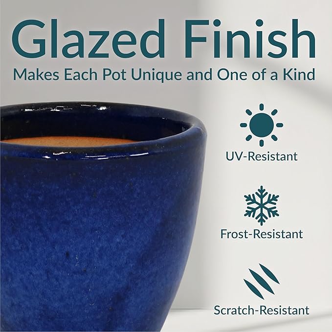 Sunnydaze Resort Round Ceramic Planter - Set of 2 Indoor or Outdoor Plant Pots with Drainage Hole - 8" - Imperial Blue Glaze