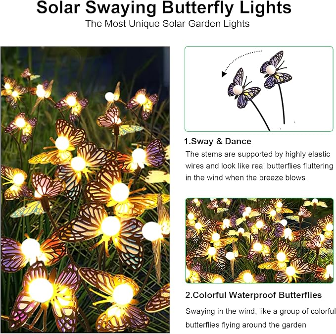 Solar Garden Butterfly Lights, 2 Pack 16 LED Solar Swaying Lights, Swaying in The Wind, Waterproof Firefly Light Outdoor Fairy Light for Garden Patio Yard Pathway Flower Bed Decoration