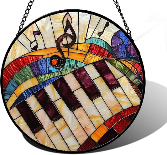 Stained Glass Window Hanging, Piano Notes Sun Catchers Glass Panel Suncatcher Decor for Birthday for Women, Men, Wife, Aunt, and Mom 6.3 in