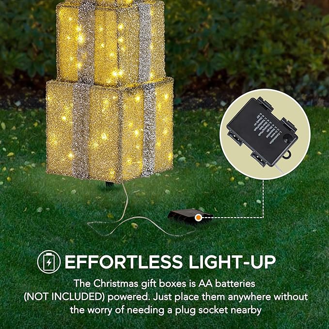 SUNJOY Large Christmas Decoration 2.8 FT Inch Illuminated Stacking Gift Box, 3D Tinsel Santa Stacking Gift Box Outdoor Garden Yard Lawn Festive Holiday Decoration with Lights for Indoor & Outdoor