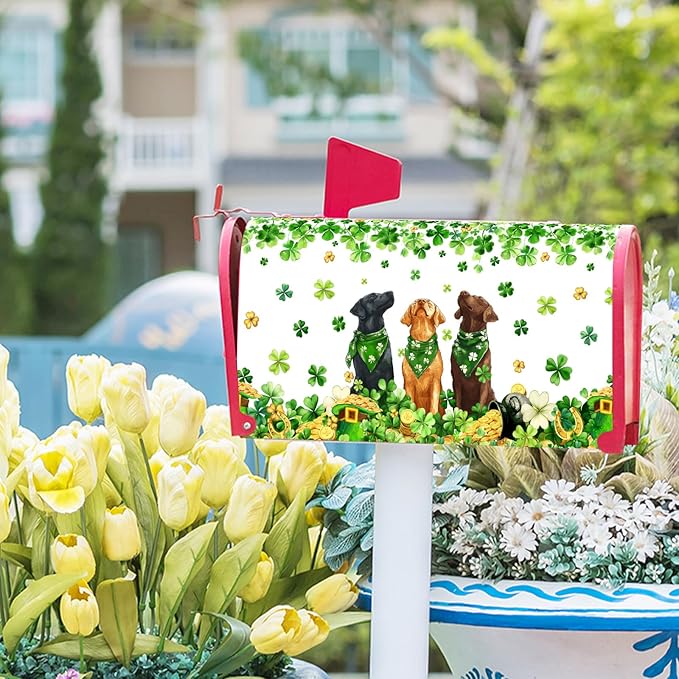 St. Patricks Day Mailbox Cover Magnetic, 25.5"x21" Patrick Dog Lucky Clover Elf Hat Mailbox Wrap, Spring Shamrocks Large Size Waterproof Letter Post Cover for Garden Yard Outdoor Decor