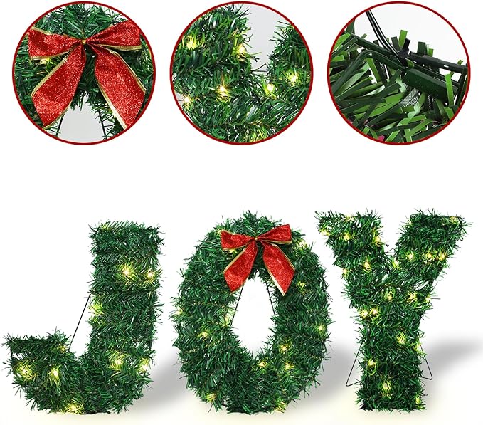 3 Piece Outdoor Joy Christmas Decoration, Lighted Joy Yard Signs Yard Lights Display Set for Christmas Outdoor Patio Lawn Green Decor