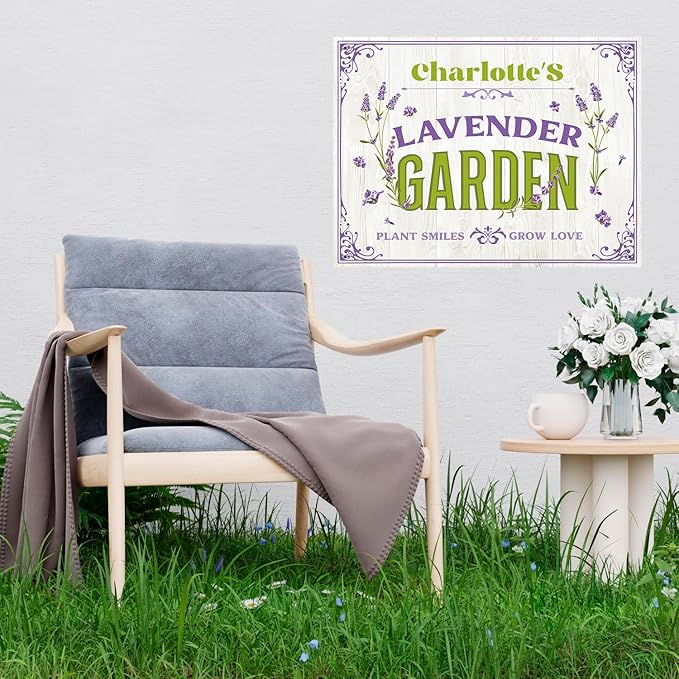 Custom Lavender Garden Sign, Personalized Name for Flower Garden, Christmas Gift and Backyard Décor Sign, 18x24 Inches, Rust Free .063 Aluminum, Fade Resistant, Made in USA by Sigo Signs