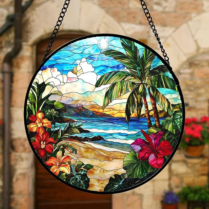 Stained Glass Window Hanging, Blue Beach Scenery Suncatcher Diamond Glass Panel Hangings Sun Catchers Decor for Birthday for Women, Men, Wife, Aunt, and Mom 11.8x11.8 in