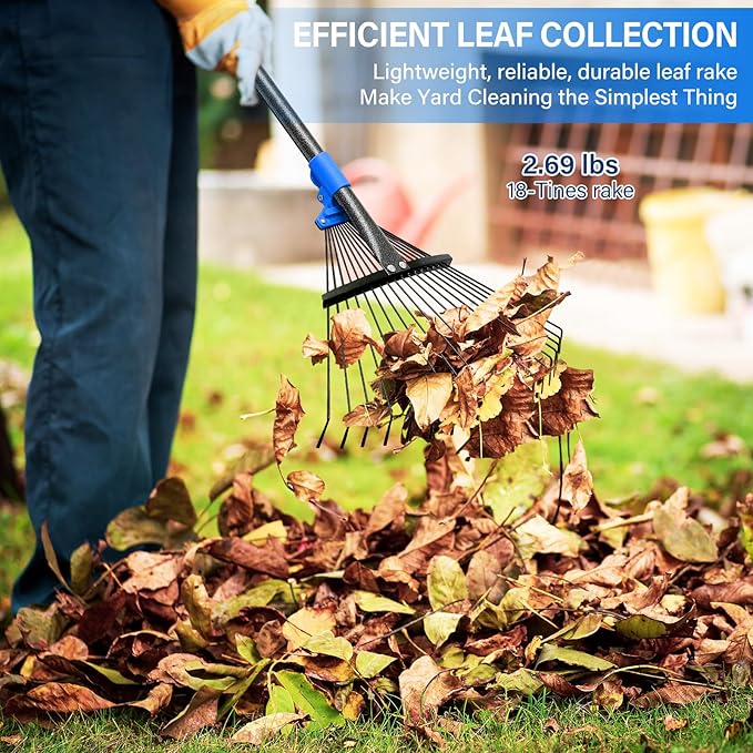 Lightweight Leaf Rake for Lawn, 8-17" Expandable Head with Metal Tines for Leaves, Shrubs & Small Areas, 75-Inch Adjustable Long Handle with Comfort Grip Senior Friendly