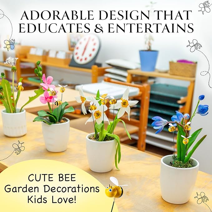 Handmade Bee Garden Stakes Set of 5 - Decorative Bumblebee Outdoor & Indoor Plant Decor - Nature Lover Gift Idea by Air Aquarium Kushner