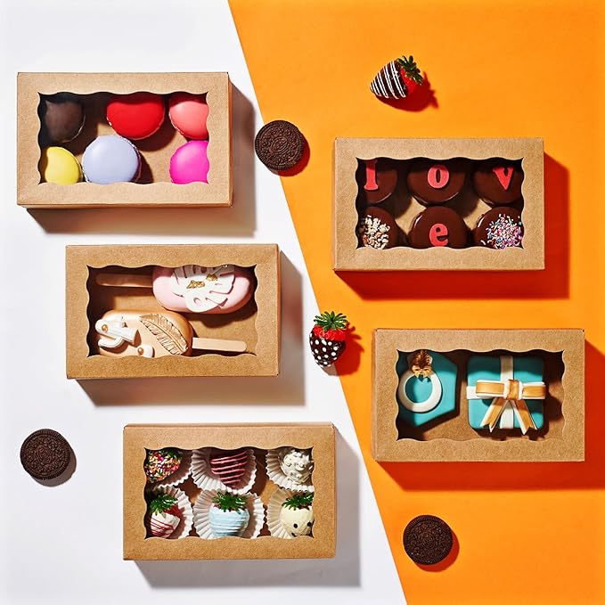 Brown Rectangular 7"X4.3"X1.5" Clear Window Disposable Snap-Flip Top 50 Count Pastry Boxes for Cookies, Macarons, Chocolate, Cake, Pastries, Dessert