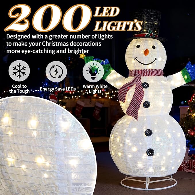 VINGLI 6FT Lighted Snowman Holding Small Tree Christmas Yard Decorations, Prelit Pull Up with 200 Warm White LED Lights, Outdoor Lighted Xmas Yard Decorations for Lawn Garden Porch Indoor Décor