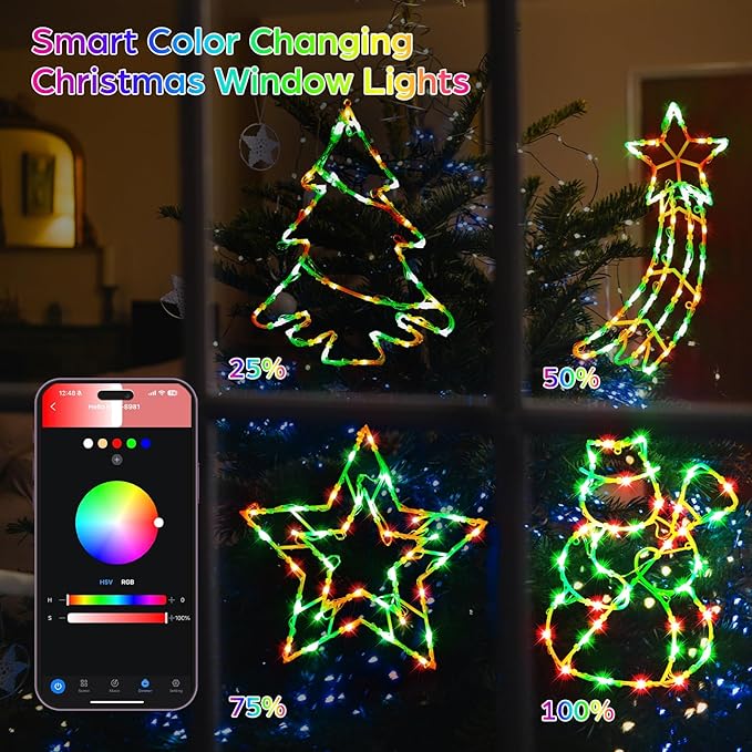 4 Pack Smart Christmas Window Lights, Window Silhouette Lights, Christmas Decorations Indoor,Custom & Preset Modes,APP Control Snowman, Meteor, Christmas Tree, Star for Door Glass
