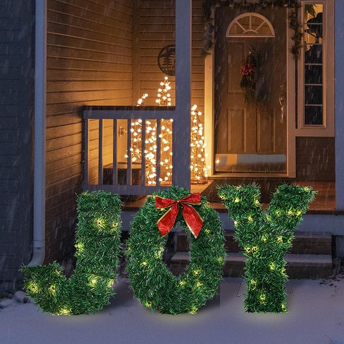 3 Piece Outdoor Joy Christmas Decoration, Lighted Joy Yard Signs Yard Lights Display Set for Christmas Outdoor Patio Lawn Green Decor