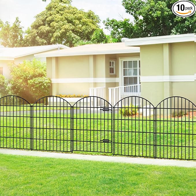 Metal Garden Fence with Gate 36in (H) x 23.3ft (L), 1 Gate+ 9 Panels Dog Fence Border Fence Animal Barrier, No Dig Garden Fencing for Yard Flower Bed Lawn Patio Outdoor, ECG3610, Black