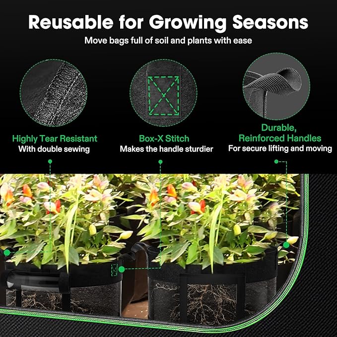 VIVOSUN 5-Pack 10 Gallon Potato Grow Bags, Thick Fabric Pots with 360 Visibility & Harvest Window, Black