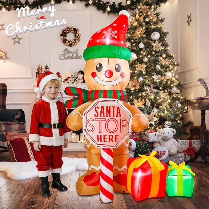 7 FT Christmas Inflatable Outdoor Decorations, Inflatable Gingerbread Man with Sign and Gifts Bags Built-in LED Lights Blow Up Yard Decorations for Holiday Indoor Outdoor Party Garden Lawn