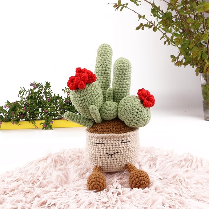 Crochets Cactus Plants, Hand-Knitted Succulents with Emotional Support Wool are Suitable for Refueling Gifts, Home Office Table Dining Room Classroom Decoration and Photography Props (Red)
