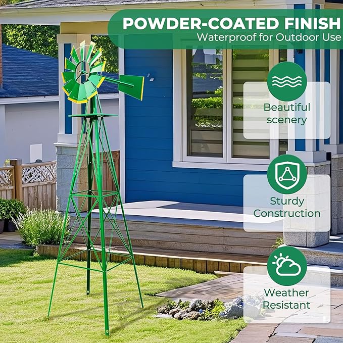 Outvita 8FT Ornamental Windmill, Heavy Duty Durable Metal Weather Vane Garden Decoration Weather Resistant for Garden, Yard, Farm, Seaside (8ft-Green)