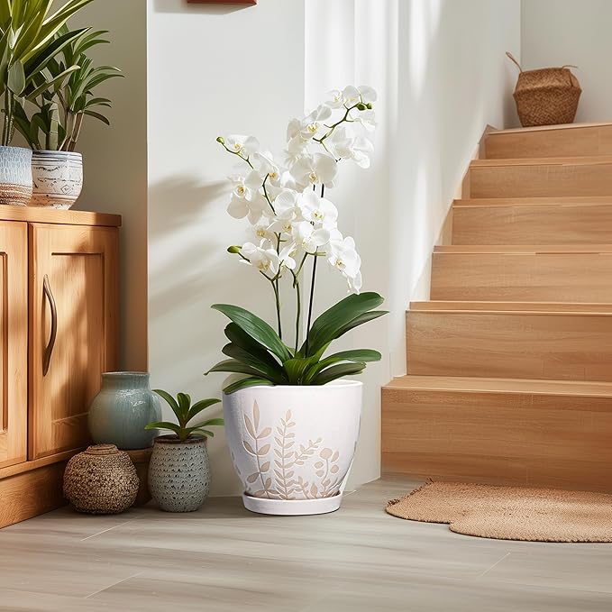10 Inch Indoor Planter with Saucer - Boho Ceramic Plant Pot with Drainage for Indoor Plants, Large Flower Pot, Home Office Garden Room Decor, Plant Lovers Gifts, White