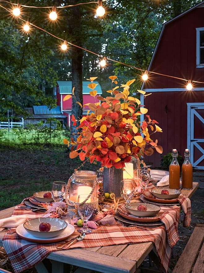 Beferr Fall Eucalyptus Stems Christmas Decor - 5Pcs 32" Tall Faux Eucalyptus Leaves Pumpkins Branches Autumn Thanksgiving Farmhouse Harvest Fireplace Table Centerpiece Home Decorations