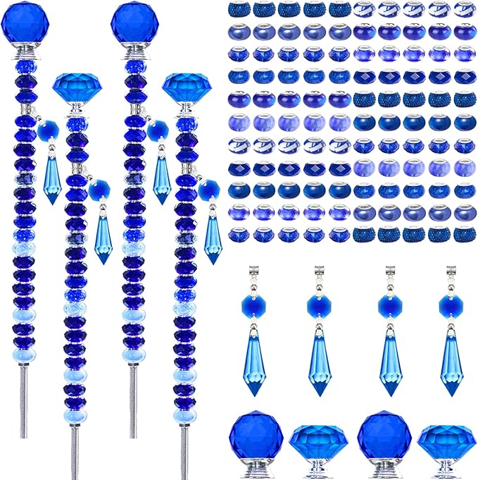 Exway 100 PCS DIY Fairy Wand Beaded Garden Stake Beads Kits with Dark Blue Large Hole Beads 4 Crystal Stopper Top Threaded Rods and 4 Dark Blue Sparkling Crystal Pendants for Outdoor Indoor Decor