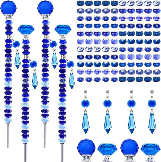 Exway 100 PCS DIY Fairy Wand Beaded Garden Stake Beads Kits with Dark Blue Large Hole Beads 4 Crystal Stopper Top Threaded Rods and 4 Dark Blue Sparkling Crystal Pendants for Outdoor Indoor Decor