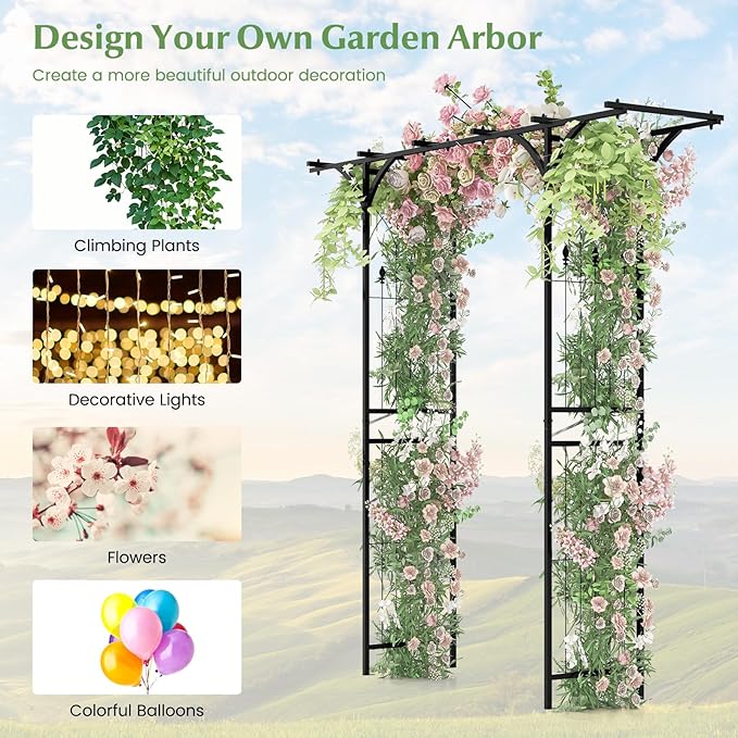 Moccha Garden Arbor, 6.8FT Metal Arbor Trellis for Climbing Plants, Roses, Vines, Outdoor Pergola with Trellises & Extended Roof, Garden Arch for Wedding Ceremony Decoration Lawn Patio Archway