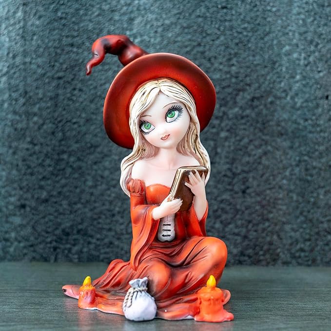 WingsHalloween Witch Resin Statue - Handheld Book Ornament (Red Hat and Red Dress) Living Room Bookshelf Magic Theme Home Decoration Birthday Gift Festival Party