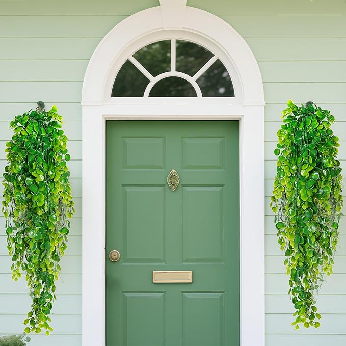 jiebor 4Pcs Fake Artificial Plastic Greenery Faux Hanging Plants Ferns Eucalyptus Vines for Bathroom Living Room Home Indoor Outdoor Office Wall Shelf Decor
