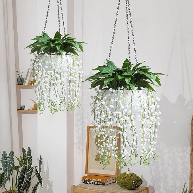 alyptus Hanging Planters for Indoor Plants Fake Flowers - 2-Pack Artificial Hanging Lily of The Valley with Pot - White Faux Flowers in Planters for Indoor Décor