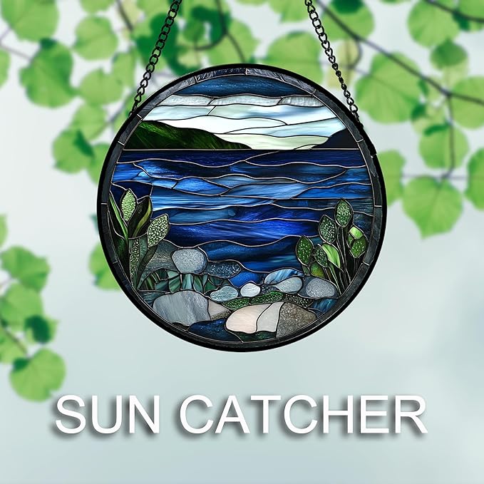 Stained Glass Window Hanging 4 Pcs Set Navy Blue Ocean Landscape 7.8" - Suncatcher Door Garden Sun Catcher Decor Birthday Mother's Day for Mom Woman Nana Girl Boy Friend