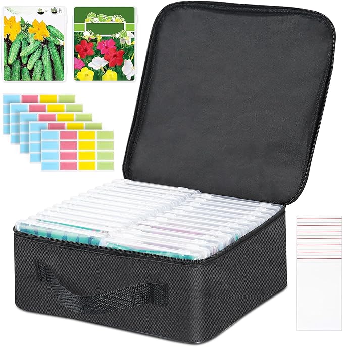 FACULX 24 Slots Seed Storage Organizer Box with Dual Zipper Bag, 100 Pcs Seed Sealed Bag and 80 Pcs Label Stickers,Seed Storage Container for Garden Vegetable Flower Plants Seeds Saving