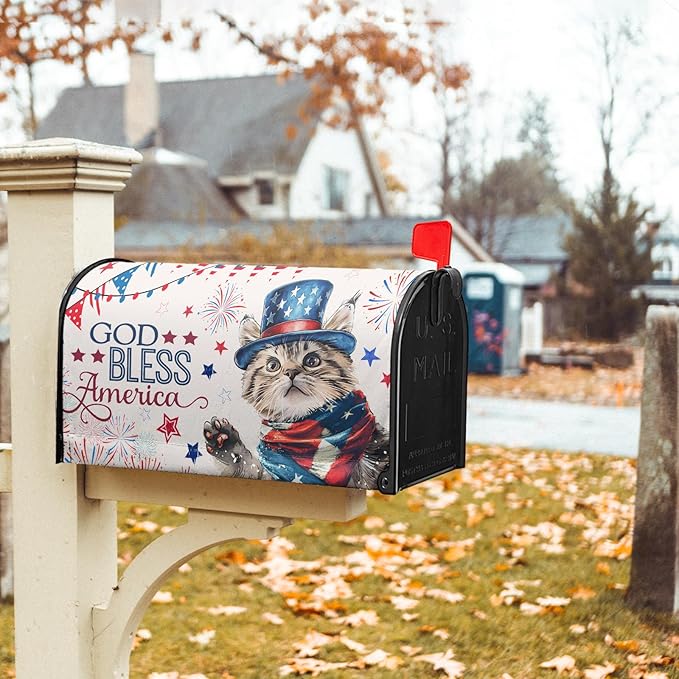 4th of July Cat Mailbox Cover Magnetic Standard Size God Bess America Flag Stars Patriotic Firework Mailbox Wrap Letter Post Cover 21x18 Inch for Garden Yard Outside Outdoor Decor