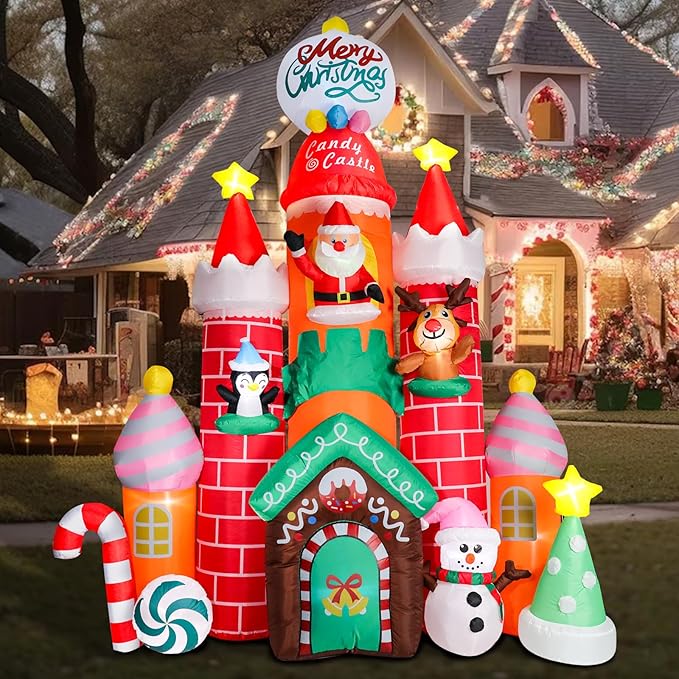 Taman 9.6 FT Christmas Inflatable Decorations Christmas Castle, Outdoor Yard Decorations Built-in Bright RGB Projector Light Blow Up for Yard, Garden,Lawn Outdoor Holiday Yard Decorations