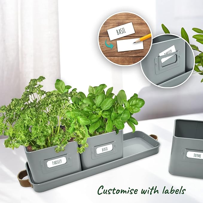 volila Herb Planter Indoor - Set of 3 Grey Indoor Herb Garden Pots for Plants with Leather Handled Tray - Window Sill Plant Shelf - Herb Pots with Drainage Holes and Labels