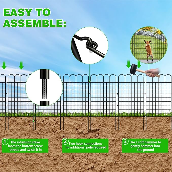 10 Panels Decorative Garden Fence, 32 in(H) X 24 ft(L) Dog Fence Outdoor for Yard, No Dig Animal Barrier Rustproof Metal Temporary Fencing Stakes for Dogs, Flower Vegetable Bed, Patio Outdoor Use