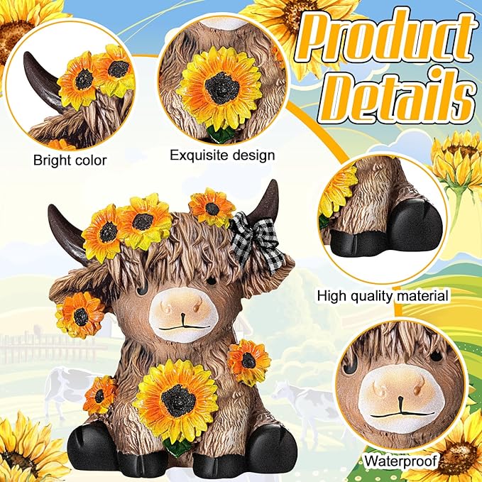 Wesiti 2 Pcs Sunflower Highland Cow Figurines Christmas Highland Cow Gift Gnomes Scottish Resin Statue Calf Lovers Gifts for Xmas Home Garden Kitchen Office Tiered Tray Table Decor(Sunflower)