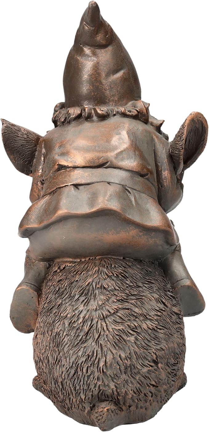 Pacific Giftware Bronze Gnome on Bunny Figurine, 8.07-inch Height, Gold Cast Broze, Table Decoration